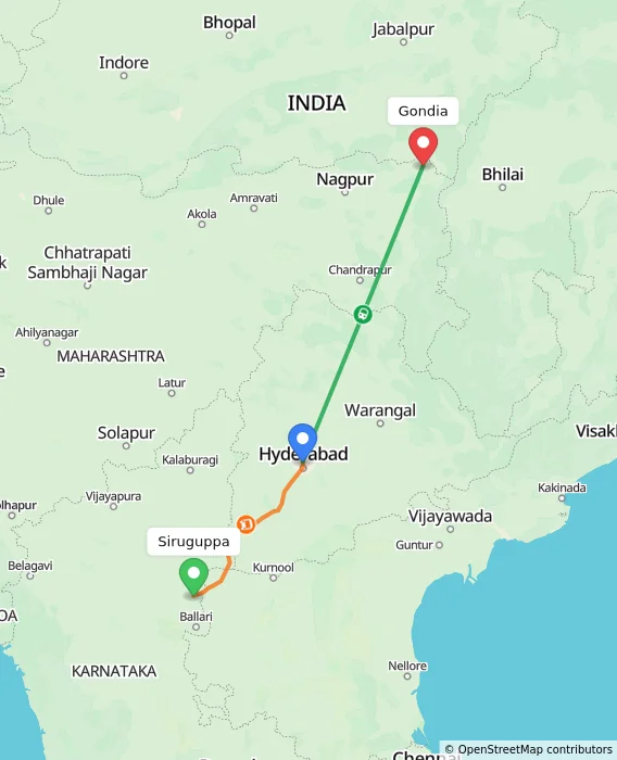 Route map showing distance and travel time from Siruguppa, India to Gondia, India