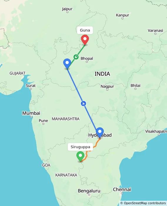 Route map showing distance and travel time from Siruguppa, India to Guna, India