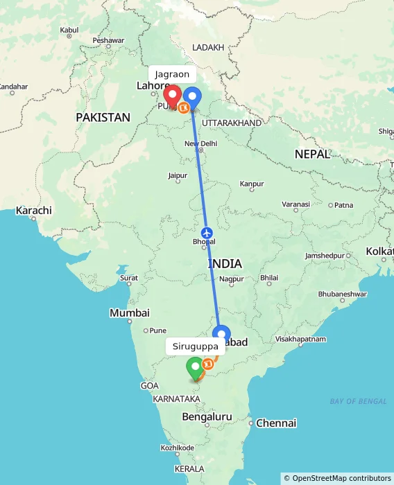 Route map showing distance and travel time from Siruguppa, India to Jagraon, India