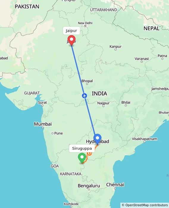 Route map showing distance and travel time from Siruguppa, India to Jaipur, India