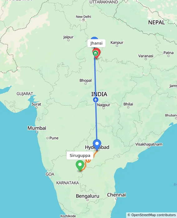 Route map showing distance and travel time from Siruguppa, India to Jhansi, India