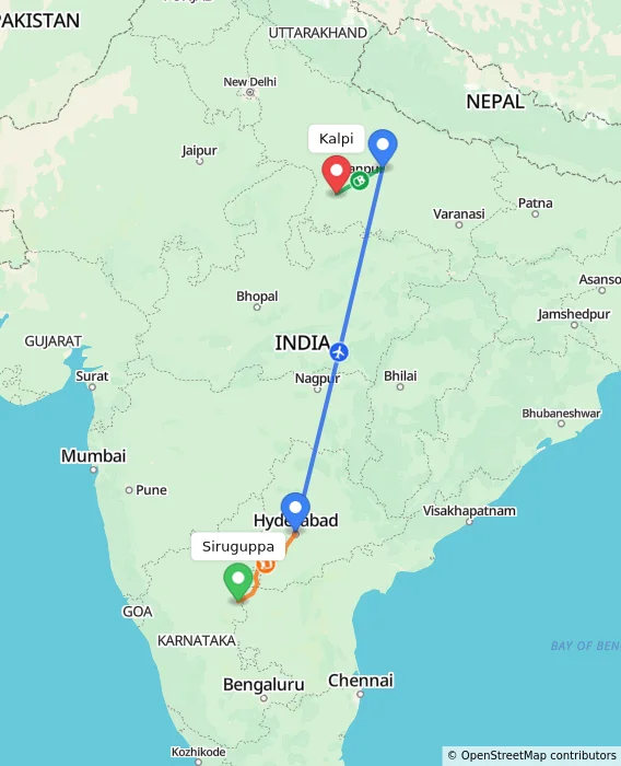 Route map showing distance and travel time from Siruguppa, India to Kalpi, India