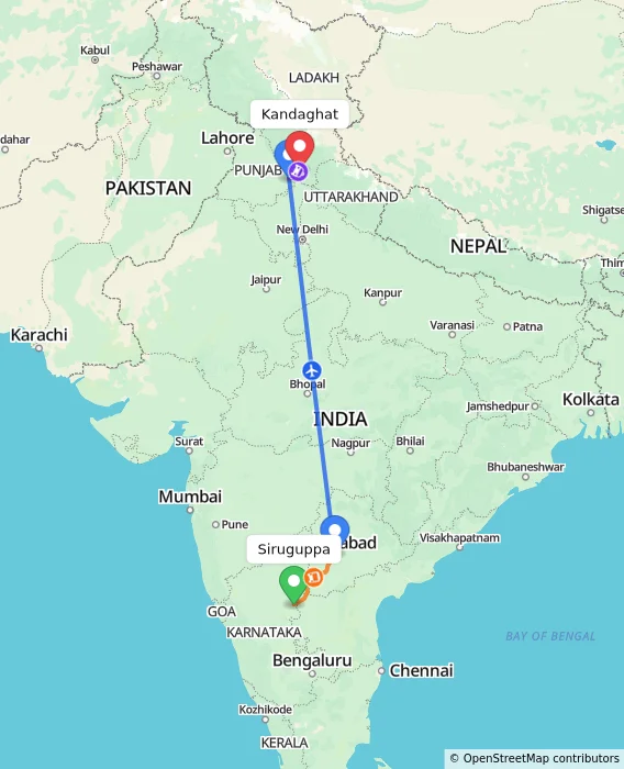 Route map showing distance and travel time from Siruguppa, India to Kandaghat, India