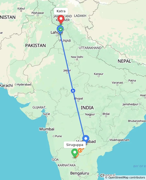 Route map showing distance and travel time from Siruguppa, India to Katra, India