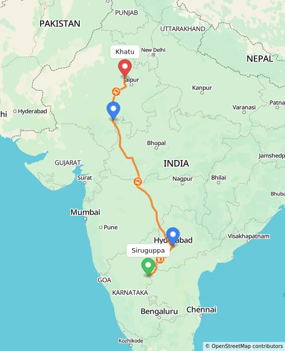 Route map showing distance and travel time from Siruguppa, India to Khatu, India