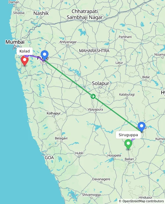 Route map showing distance and travel time from Siruguppa, India to Kolad, India