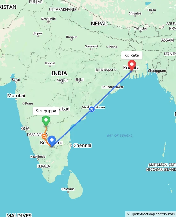 Route map showing distance and travel time from Siruguppa, India to Kolkata, India