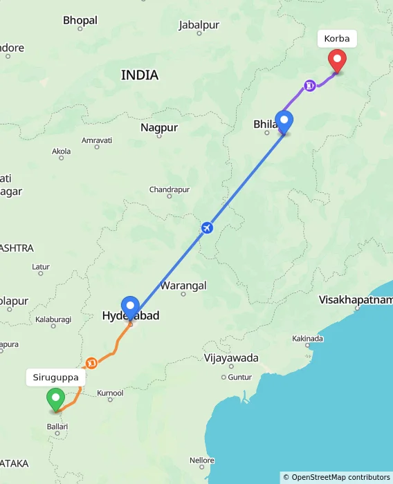 Route map showing distance and travel time from Siruguppa, India to Korba, India