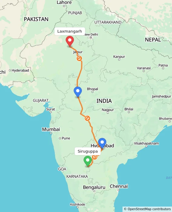 Route map showing distance and travel time from Siruguppa, India to Laxmangarh, India