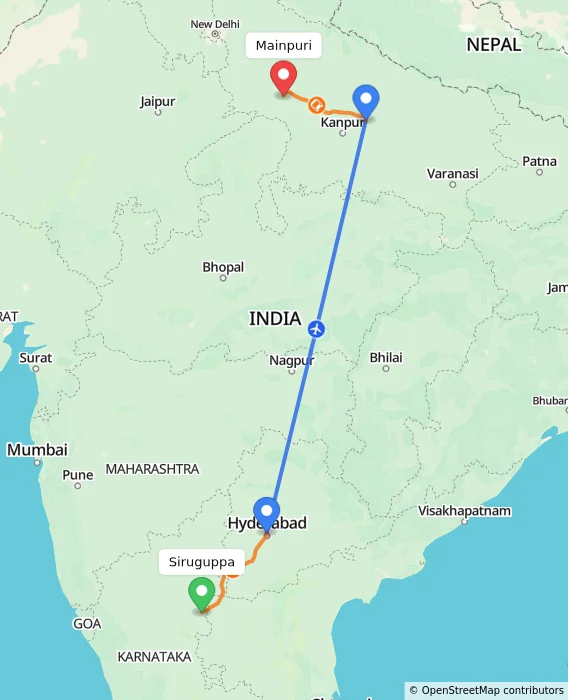 Route map showing distance and travel time from Siruguppa, India to Mainpuri, India