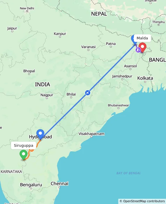 Route map showing distance and travel time from Siruguppa, India to Malda, India