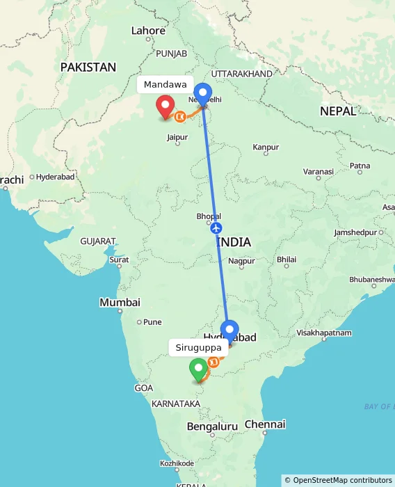 Route map showing distance and travel time from Siruguppa, India to Mandawa, India