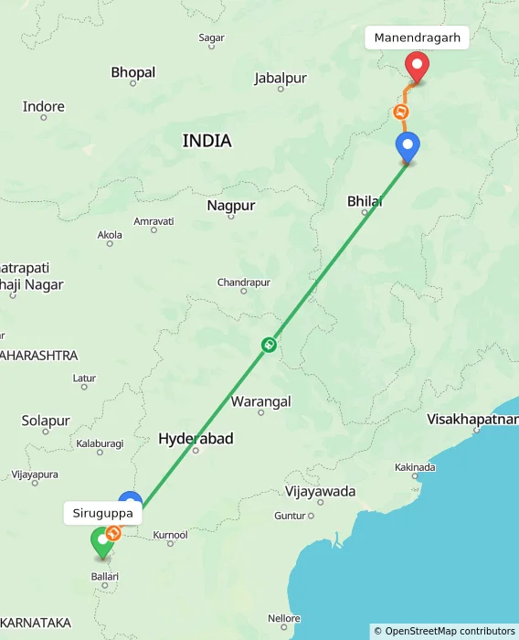 Route map showing distance and travel time from Siruguppa, India to Manendragarh, India