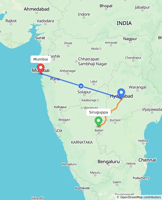 Route map showing distance and travel time from Siruguppa, India to Mumbai, India