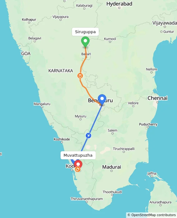 Route map showing distance and travel time from Siruguppa, India to Muvattupuzha, India