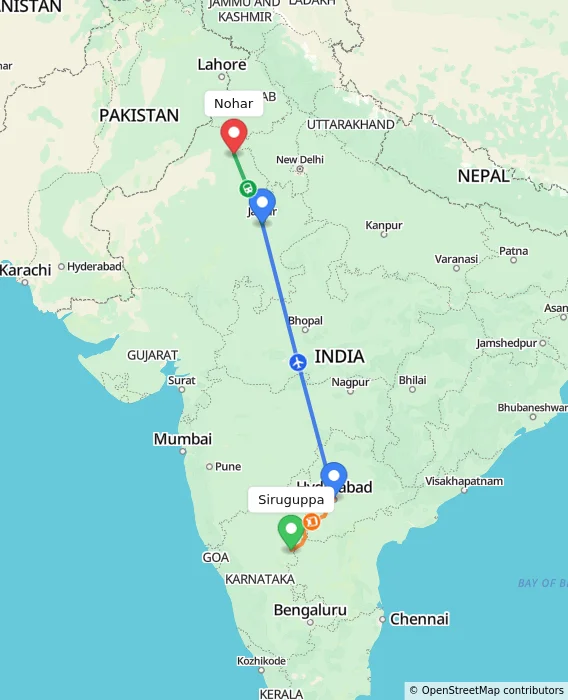 Route map showing distance and travel time from Siruguppa, India to Nohar, India