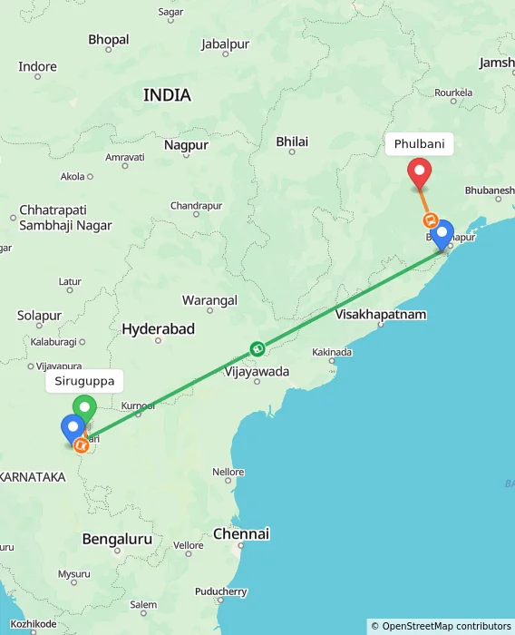 Route map showing distance and travel time from Siruguppa, India to Phulbani, India