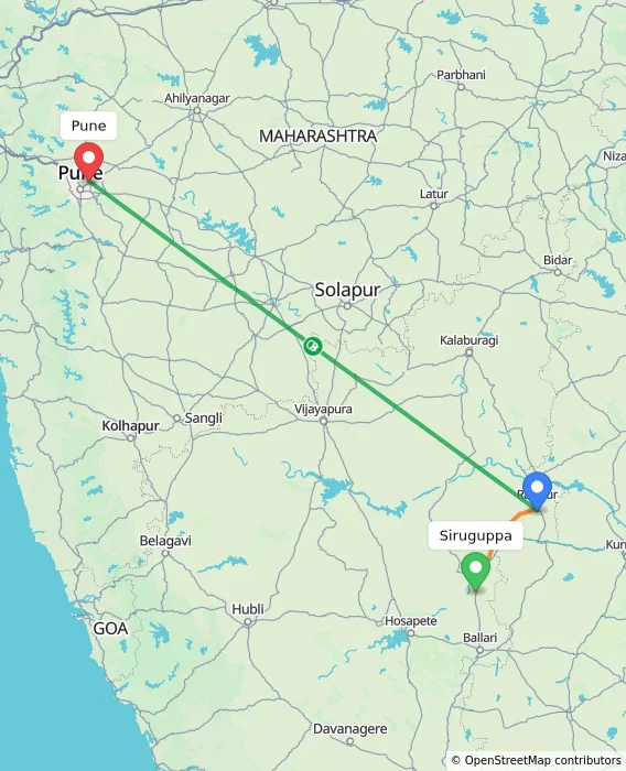 Route map showing distance and travel time from Siruguppa, India to Pune, India