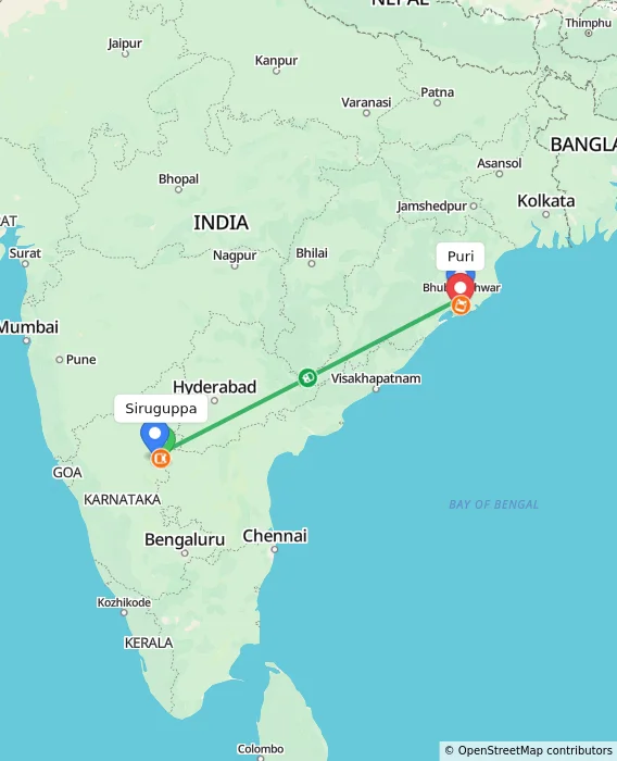 Route map showing distance and travel time from Siruguppa, India to Puri, India