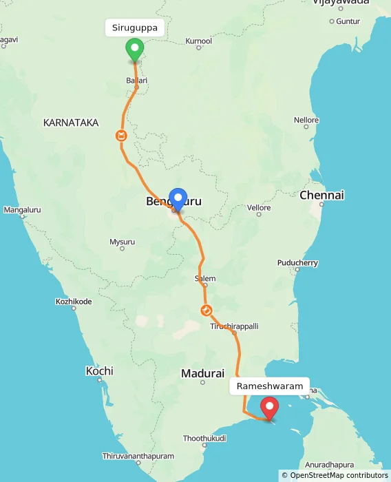 Route map showing distance and travel time from Siruguppa, India to Rameshwaram, India