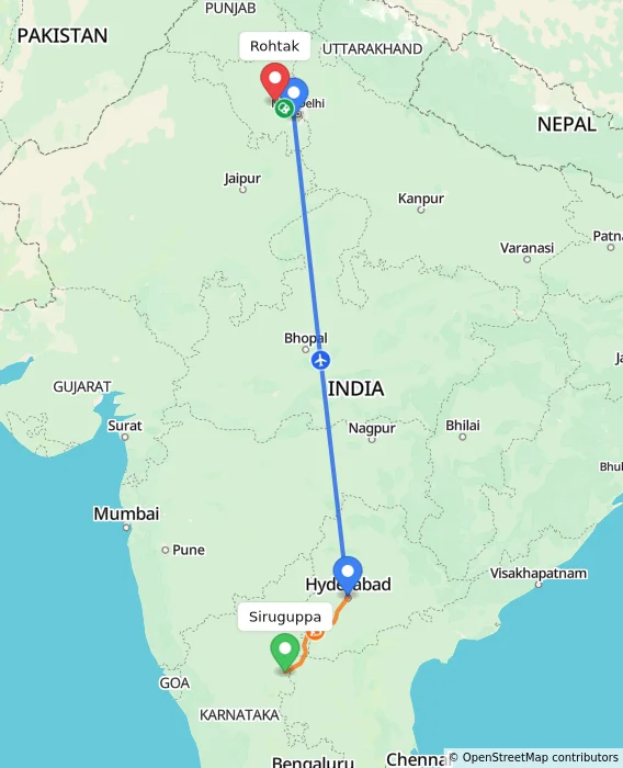 Route map showing distance and travel time from Siruguppa, India to Rohtak, India