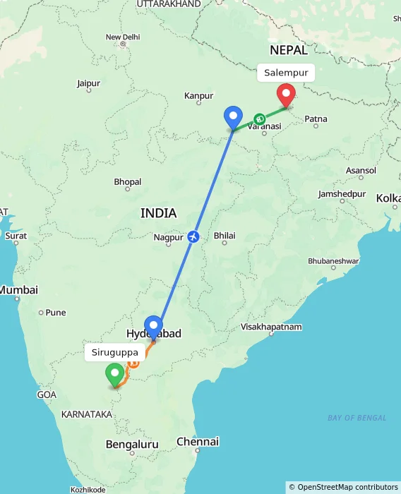 Route map showing distance and travel time from Siruguppa, India to Salempur, India