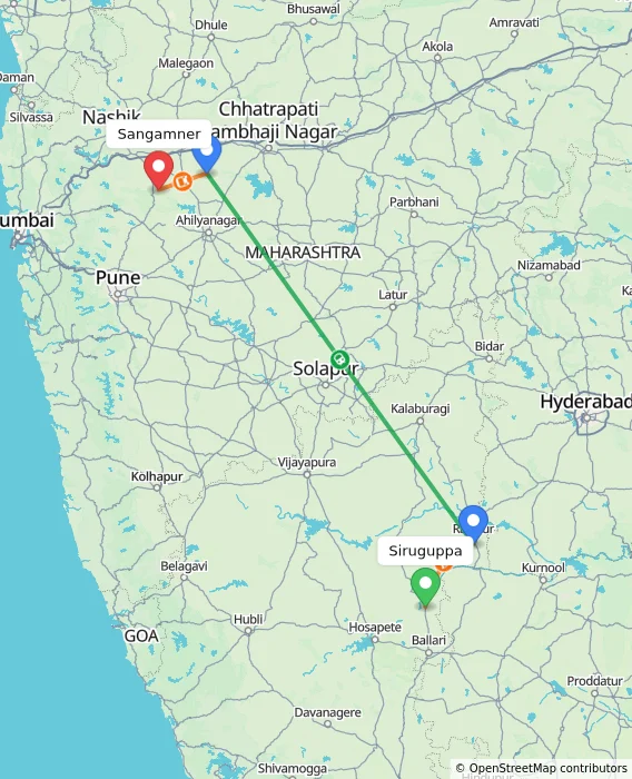 Route map showing distance and travel time from Siruguppa, India to Sangamner, India