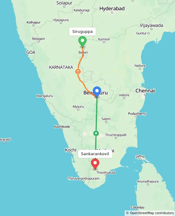 Route map showing distance and travel time from Siruguppa, India to Sankarankovil, India
