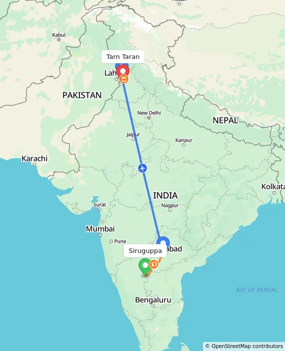 Route map showing distance and travel time from Siruguppa, India to Tarn Taran, India