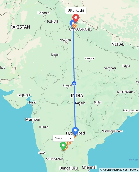 Route map showing distance and travel time from Siruguppa, India to Uttarkashi, India