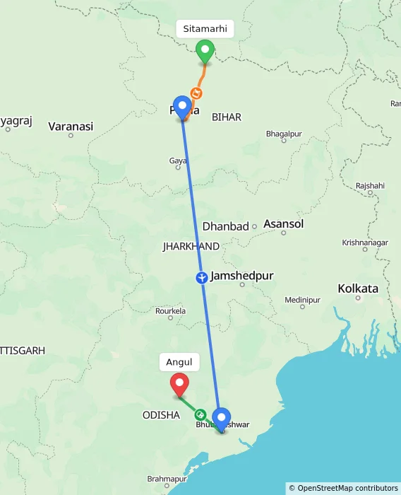 Route map showing distance and travel time from Sitamarhi, India to Angul, India