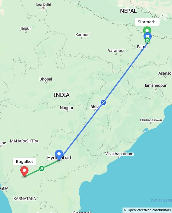 Route map showing distance and travel time from Sitamarhi, India to Bagalkot, India