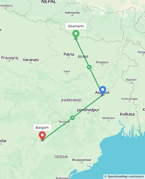 Route map showing distance and travel time from Sitamarhi, India to Bargarh, India