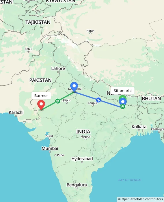 Route map showing distance and travel time from Sitamarhi, India to Barmer, India