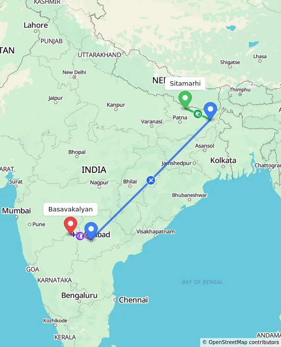 Route map showing distance and travel time from Sitamarhi, India to Basavakalyan, India