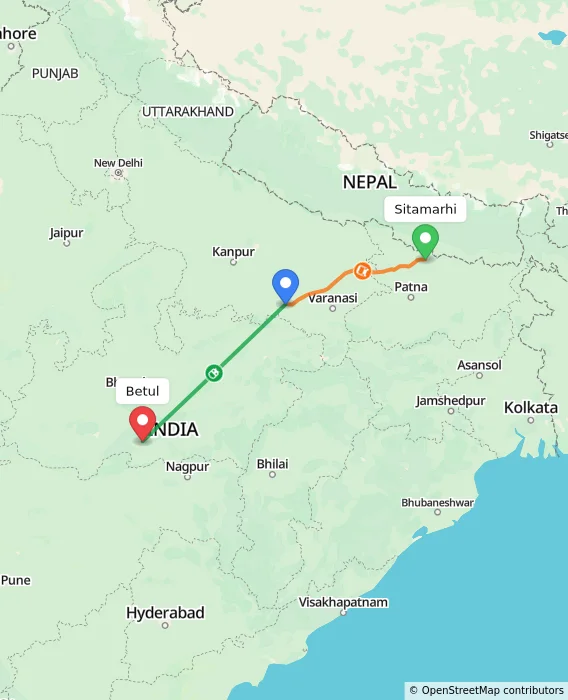 Route map showing distance and travel time from Sitamarhi, India to Betul, India