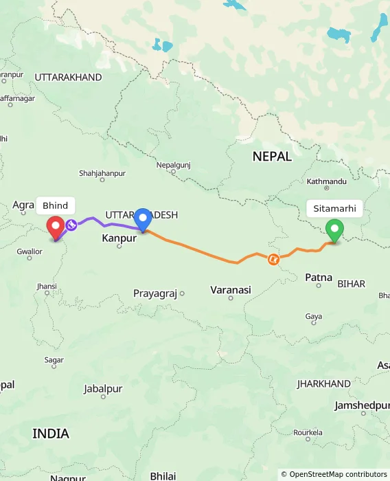 Route map showing distance and travel time from Sitamarhi, India to Bhind, India