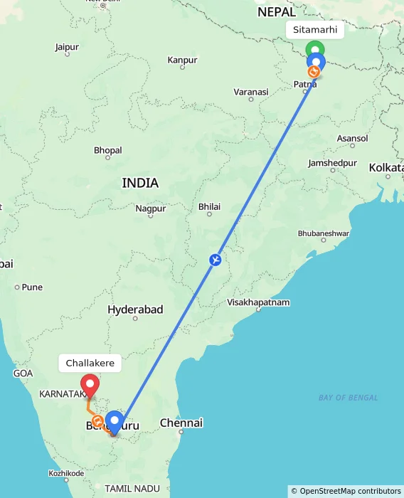 Route map showing distance and travel time from Sitamarhi, India to Challakere, India