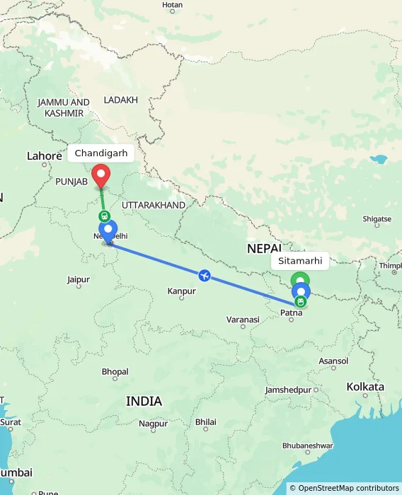 Route map showing distance and travel time from Sitamarhi, India to Chandigarh, India