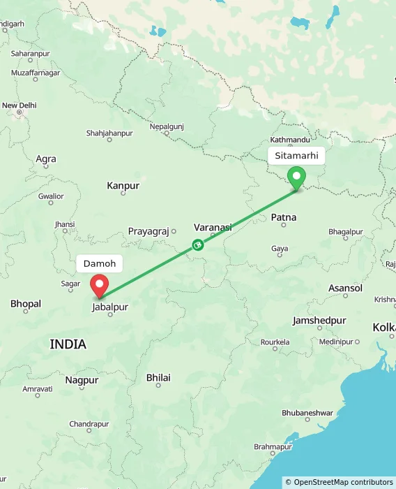 Route map showing distance and travel time from Sitamarhi, India to Damoh, India
