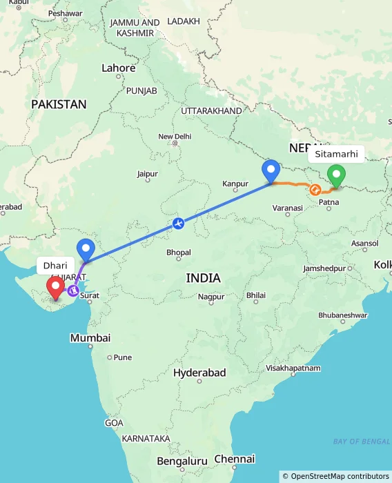 Route map showing distance and travel time from Sitamarhi, India to Dhari, India