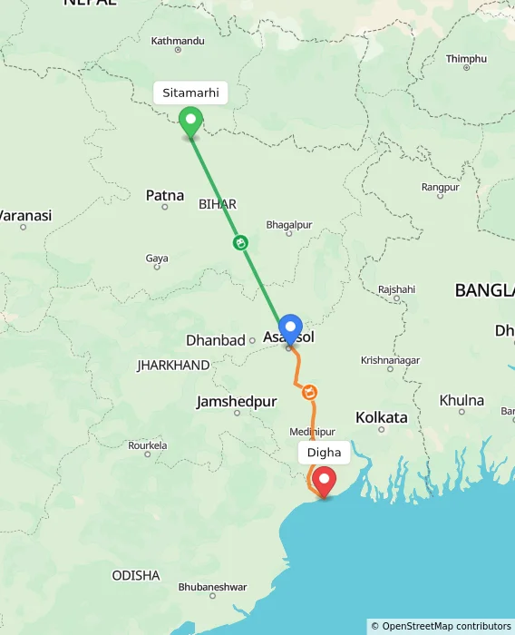 Route map showing distance and travel time from Sitamarhi, India to Digha, India