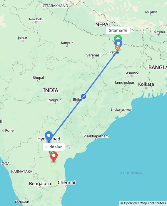 Route map showing distance and travel time from Sitamarhi, India to Giddalur, India
