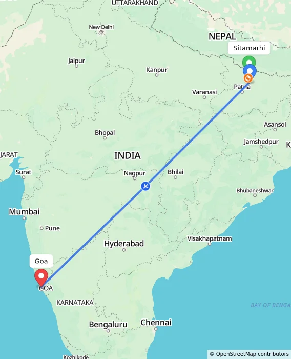 Route map showing distance and travel time from Sitamarhi, India to Goa, India