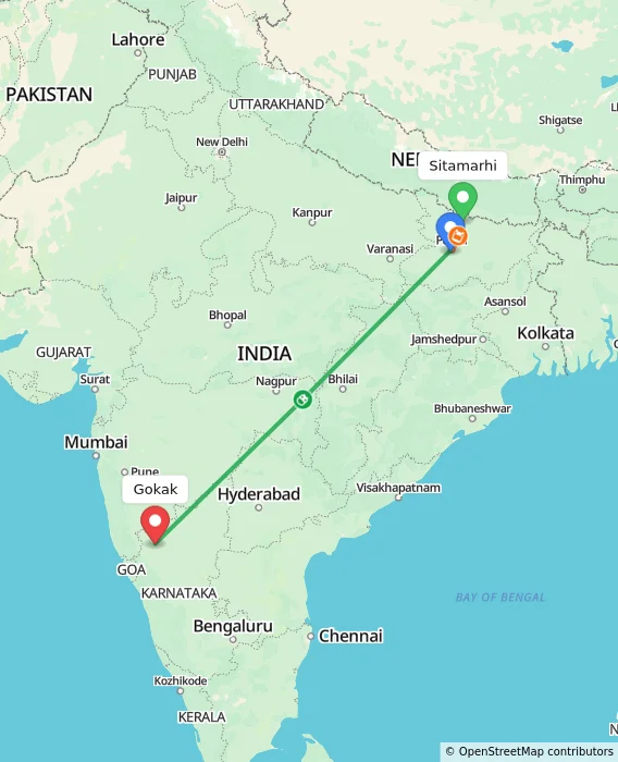 Route map showing distance and travel time from Sitamarhi, India to Gokak, India