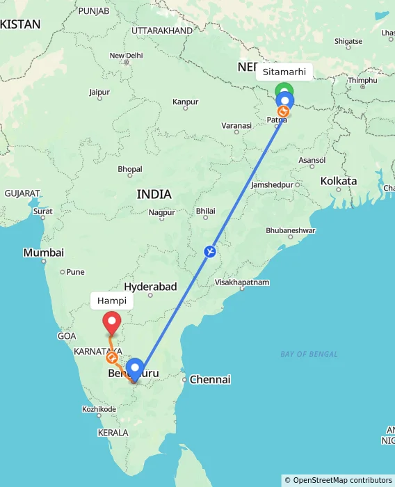 Route map showing distance and travel time from Sitamarhi, India to Hampi, India