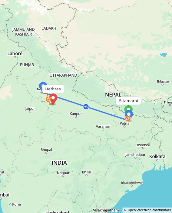 Route map showing distance and travel time from Sitamarhi, India to Hathras, India