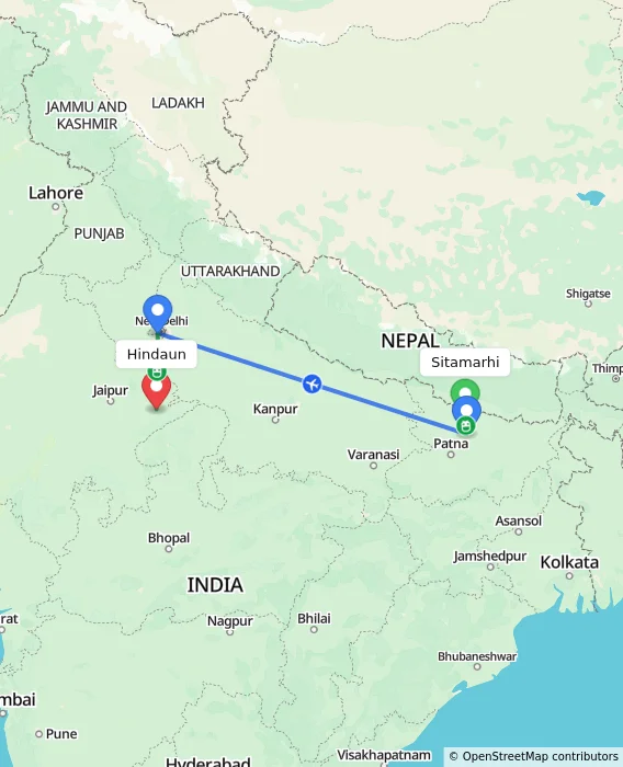 Route map showing distance and travel time from Sitamarhi, India to Hindaun, India