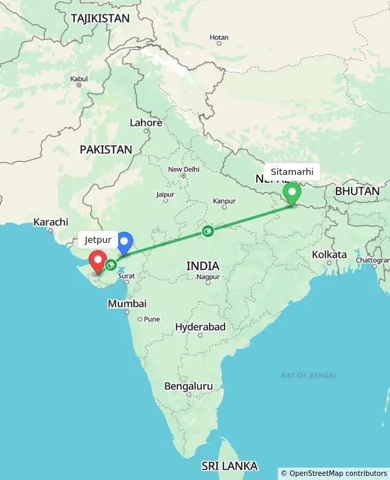 Route map showing distance and travel time from Sitamarhi, India to Jetpur, India