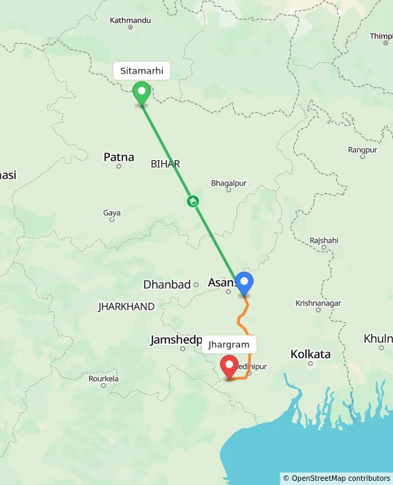 Route map showing distance and travel time from Sitamarhi, India to Jhargram, India